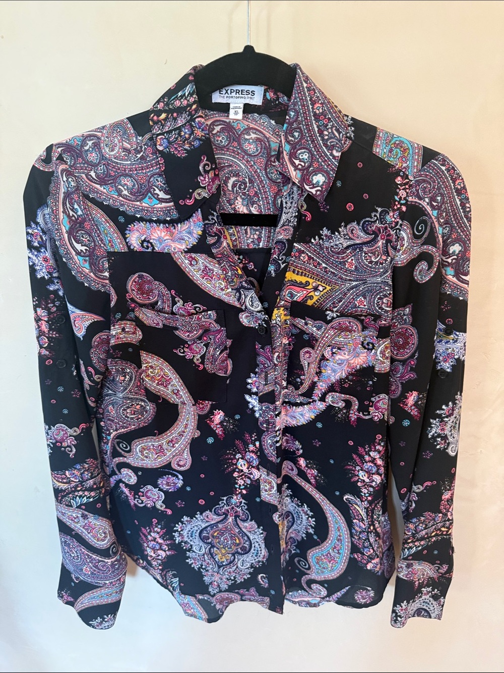 Express Black Button-Down Shirt with Pink & Purple Paisley Print